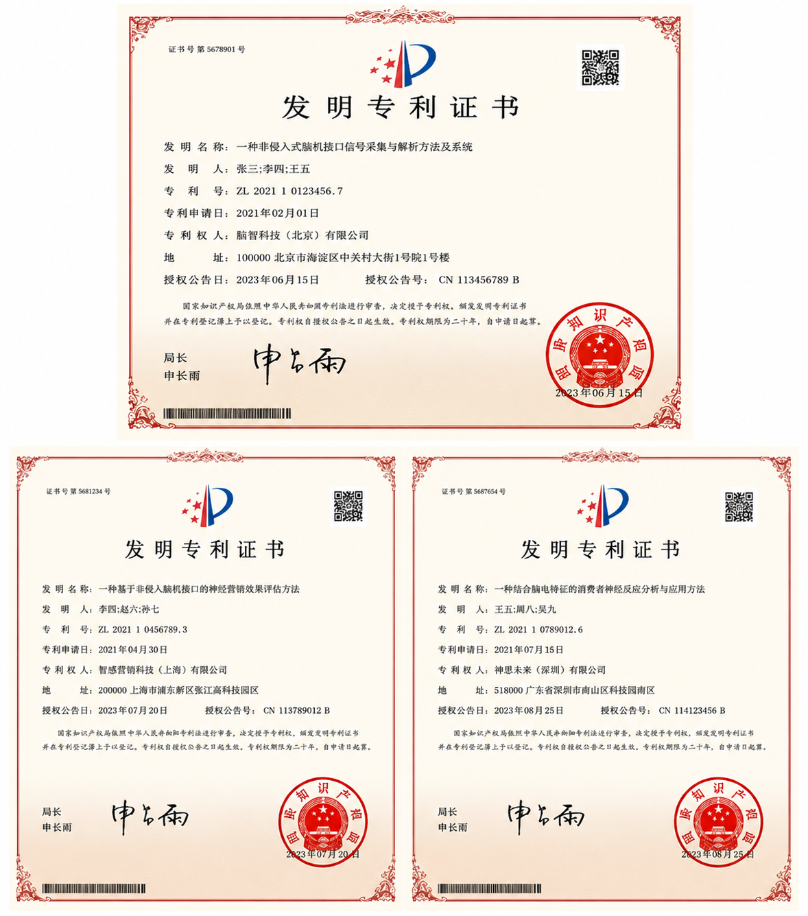 脑机接口和神经营销相关发明专利证书