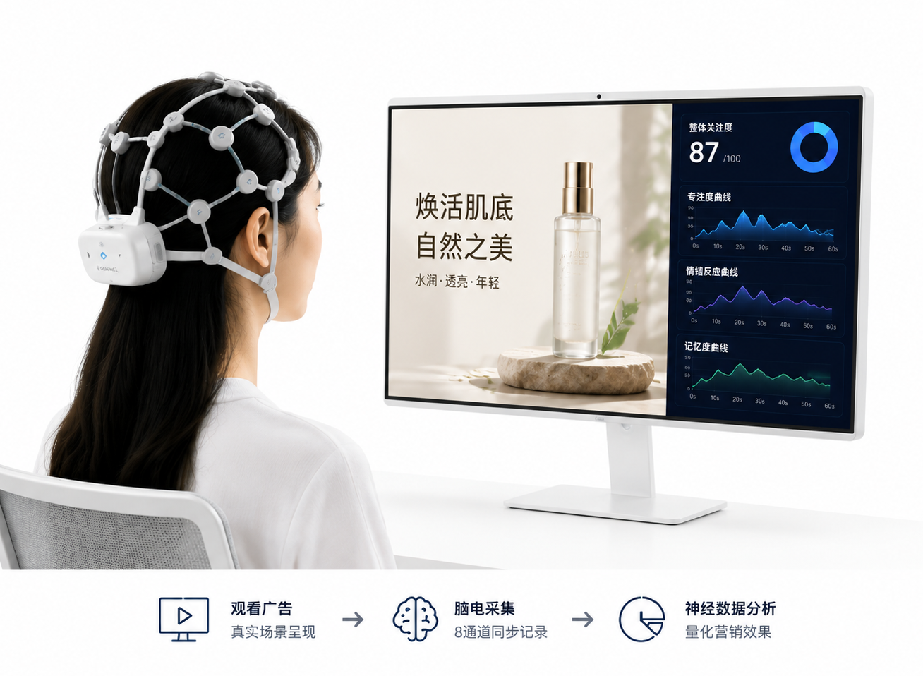 受试者佩戴脑电设备观看广告并进行数据分析